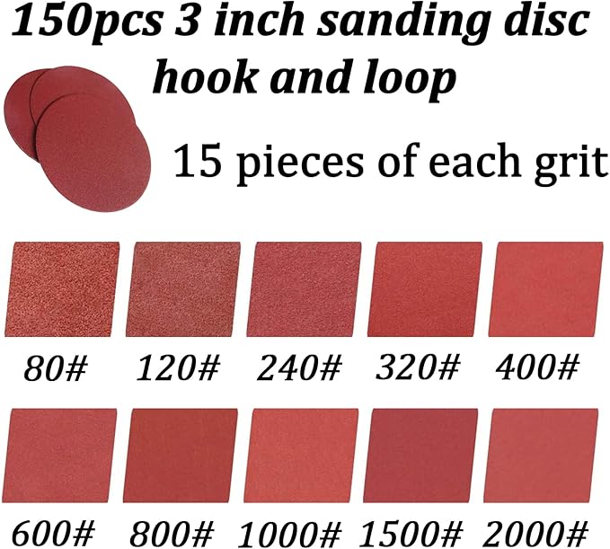 150 PCS 3 Inch Sanding Discs, MAPRIAL 3 Inch Hook and Loop Sanding Disc 80-2000 grit Sandpaper Attachment for Drill Sander Grinder Rotary Tools, Woodworking, Wood Furniture