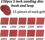 150 PCS 3 Inch Sanding Discs, MAPRIAL 3 Inch Hook and Loop Sanding Disc 80-2000 grit Sandpaper Attachment for Drill Sander Grinder Rotary Tools, Woodworking, Wood Furniture