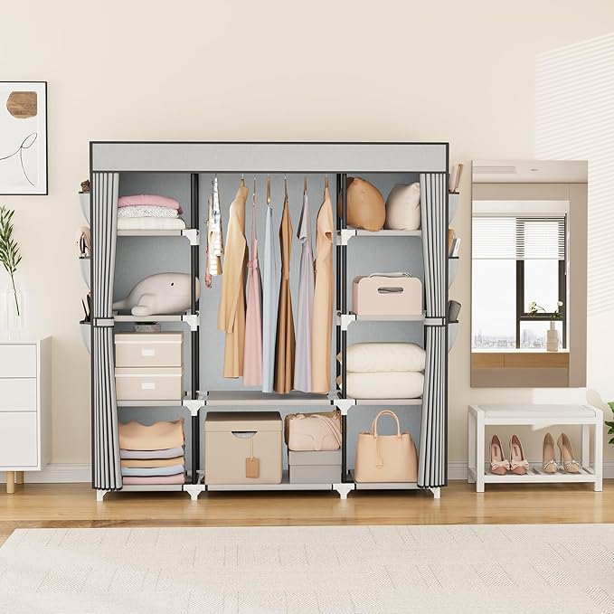 VTRIN Portable Closet Wardrobe for Hanging Clothes 57.3 Inch Large Capacity Clothes Rack with Cover, 10 Storage Organizer She