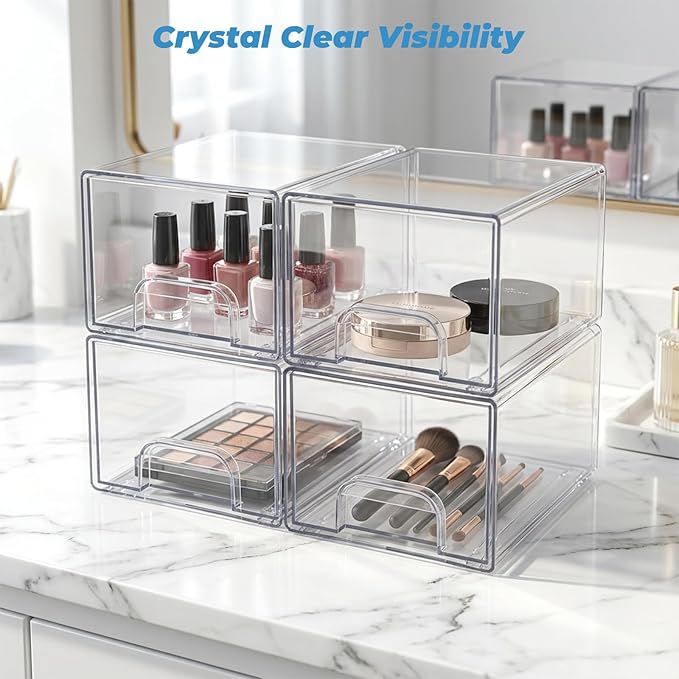 Acrylic Stackable Storage Drawers, [4-Pack] Clear Organizer Bins with Built-in Handles, Smooth Slide-Out Design for Vanity, U
