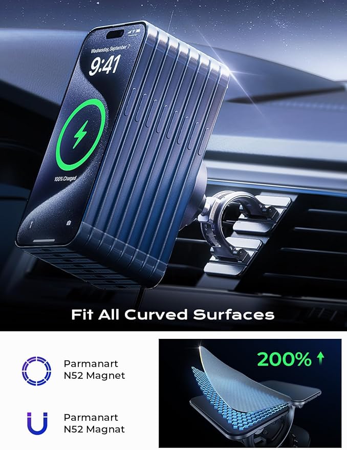 LISEN 15W MagSafe Car Mount Charger,[Racing-Grade Carbon Fiber] Magnetic Wireless Car Charger, Magsafe Car Phone Holder Charger for iPhone 17 16 15 14 13 12, Pixel 10, BMW Accessories, Gifts for Men