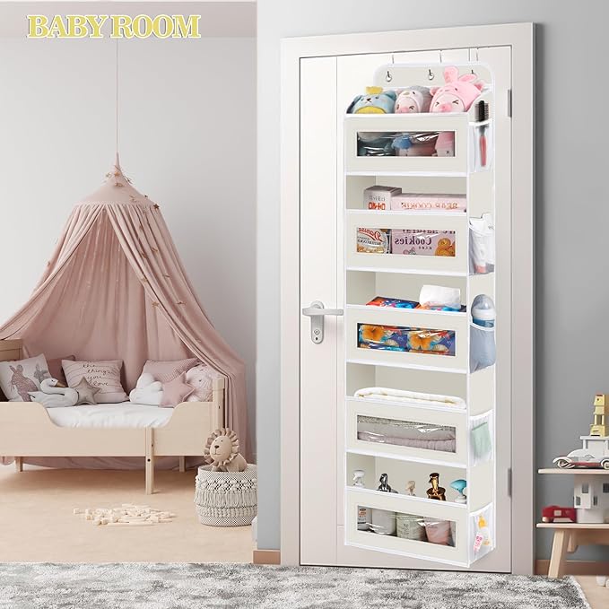 KYEVIS Over The Door Organizer, 5 Shelves Closet Door Hanging Organizer with 10 Mesh Pockets, Nursery Closet Organizer, Baby 