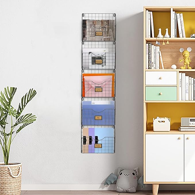 X-cosrack 5-Tier Over the Door File Organizer, Stackable Hanging Wall Files Rack with Door Hooks Wall Organizers, SVertical W
