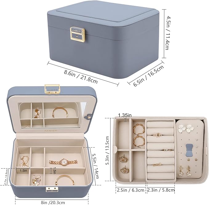 KAMIER Jewelry Organizer Box, 2 Layers PU Leather, Large Capacity, Double Lock and Large Mirror, Hidden Necklace Hooks, Remov