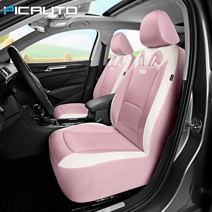 PIC AUTO Car Seat Covers, Cute Rabbit Premium Pink Leather Seat Covers, Universal Fit Front Seat Covers for Cars, Trucks, SUV