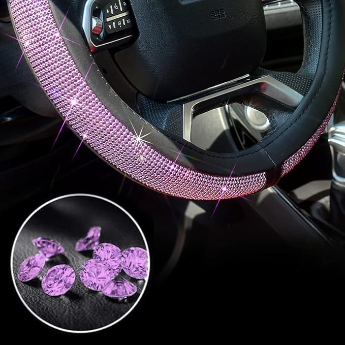 ChuLian New Diamond Leather Steering Wheel Cover with Bling Bling Crystal Rhinestones, Universal Fit 15 Inch Car Wheel Protec