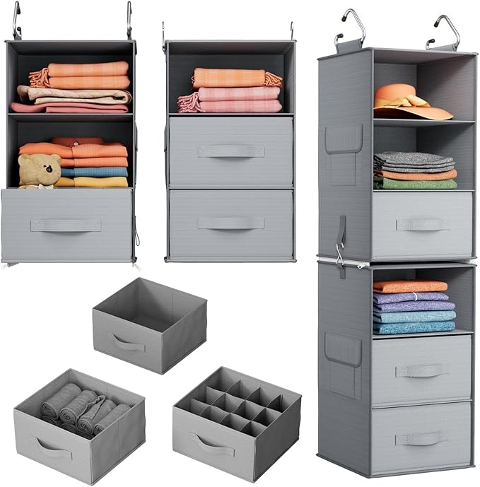 Pipishell 6-Shelf Hanging Closet Organizer with 2 Separable 3-Tier Shelves, 3 Drawers & Side Pockets Closet Organizers and St