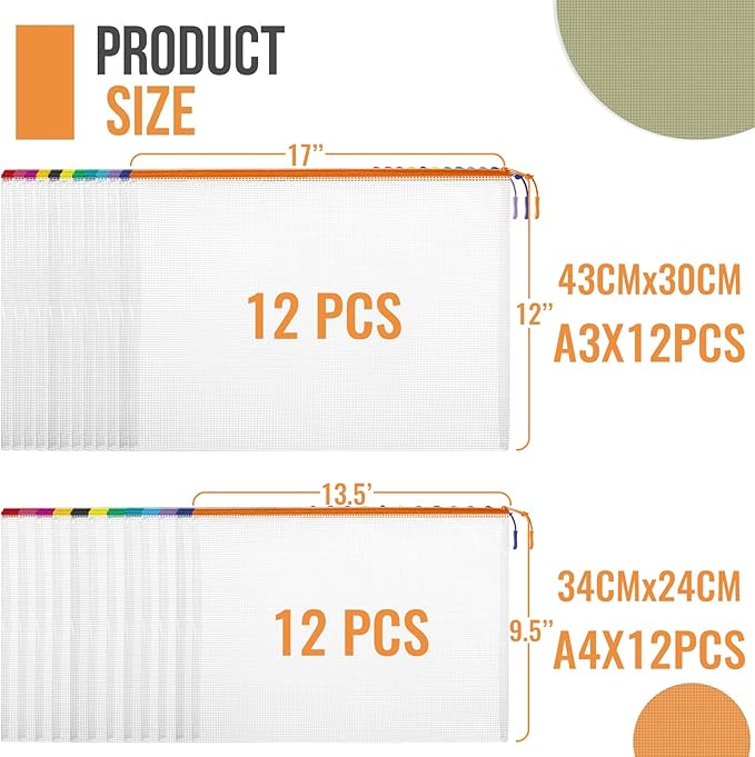 24pcs Mesh Zipper Pouch Bags, 12 Colors Extra Large 12PCS A3 and 12pcs A4, Puzzle Bag for Organizing, Classroom Must Have Sto