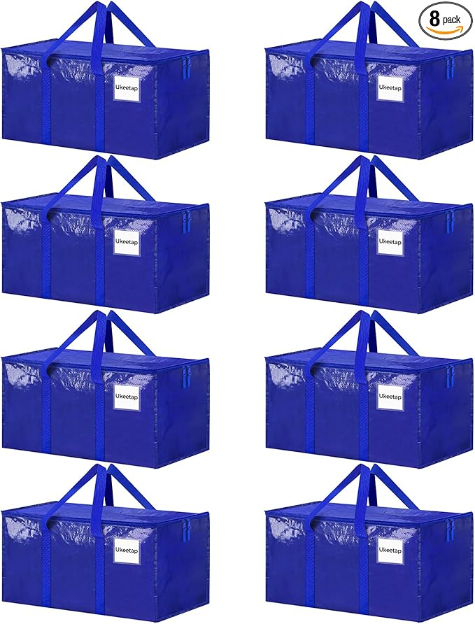 8 Pack Extra Large Heavy Duty Moving Bags, Blue Storage Bins with Lids, Reinforced Handles & Heavy-Duty Zippers Moving Boxes 