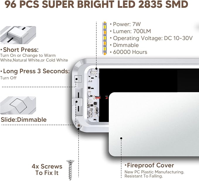 BlueFire 700LM Dimmable Sliding Brightness RV Ceiling Dome Lights, 7W DC10-30V Super Bright RV Interior LED Lights for RVs, Campers, Motorhomes, Trailer (3 Color TEM- 2PCS)