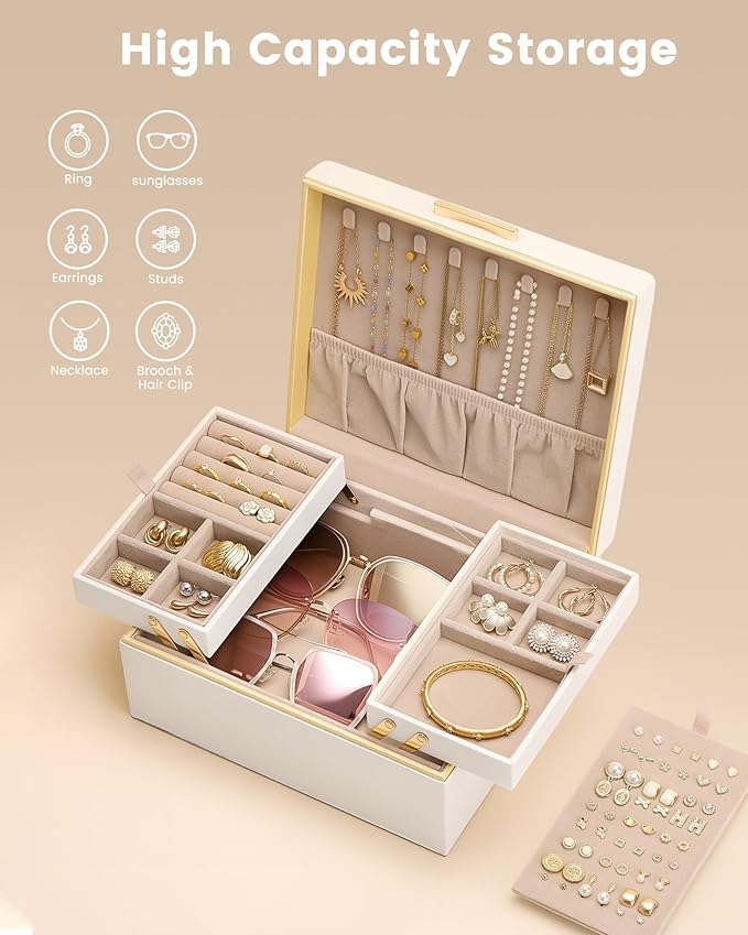 Lolalet Jewelry Box Organizer for Women Girls, 2 Layer Jewelry Organizers and Storage for Necklace Earrings Rings Bracelets, 