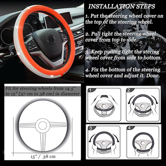 New Diamond Leather Steering Wheel Cover with Bling Bling Crystal Rhinestones, Universal Fit 15 Inch Car Wheel Protector for 
