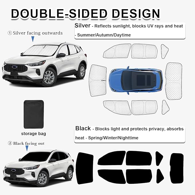 KMF 8pcs Thicken Sun Shades for Ford Escape 2020-2025 2026 Accessories,Full Car Window Covers Sunshade for Windshield Side Rear, Sun Visor UV Block and Blackout Privacy for Camping