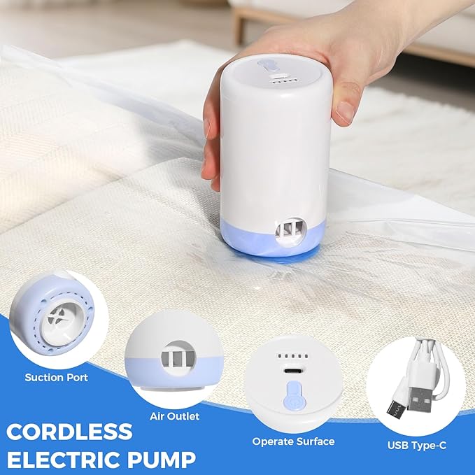 15 Pack Travel Vacuum Storage Bags with Cordless Electric Pump, Combo Rechargeable Space Saver Vacuum Seal Bags for Clothing 