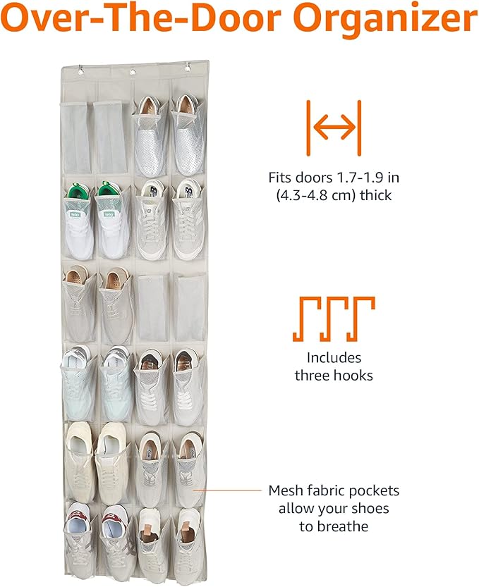 Amazon Basics 24 Medium Mesh Pocket Over-the-Door Hanging Shoe Organizer, Space Saving Shoe Storage, Light Grey | Over-the-Do