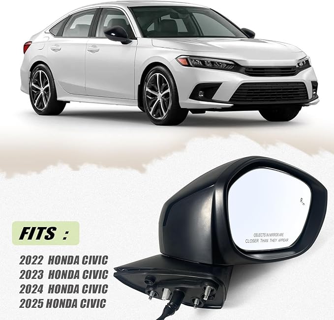 Right Passenger Side Mirror Fits 2022-2025 HONDA CIVIC Sedan/Hatchback With Power Glass, Heated, Blind Spot Detection and Manual Folding Match to Crystal Black Pearl Replace HO1321351 (7 Pins)