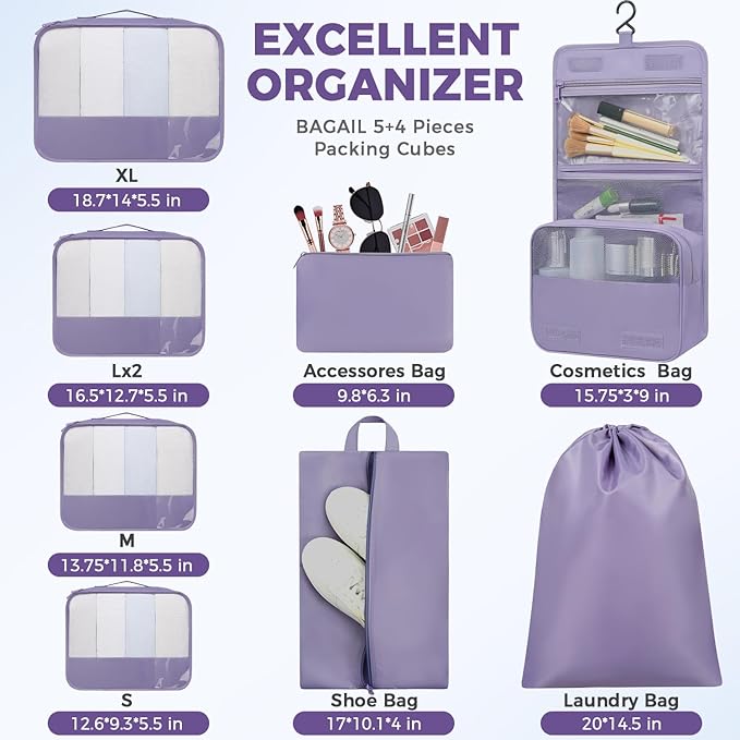 BAGAIL 9 Set Packing Cubes with Packing List Luggage Packing Organizers for Travel Accessories (Dusty Purple)