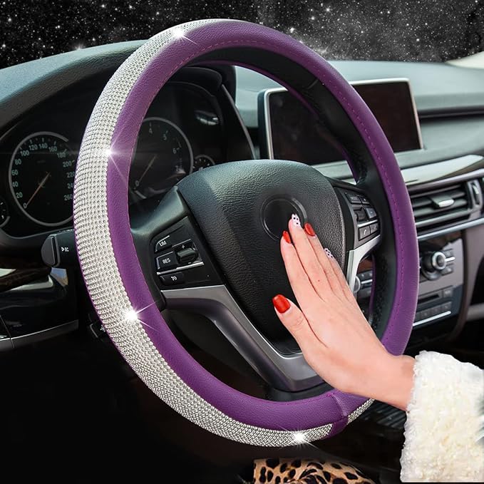 New Diamond Leather Steering Wheel Cover with Bling Bling Crystal Rhinestones, Universal Fit 15 Inch Car Wheel Protector for 