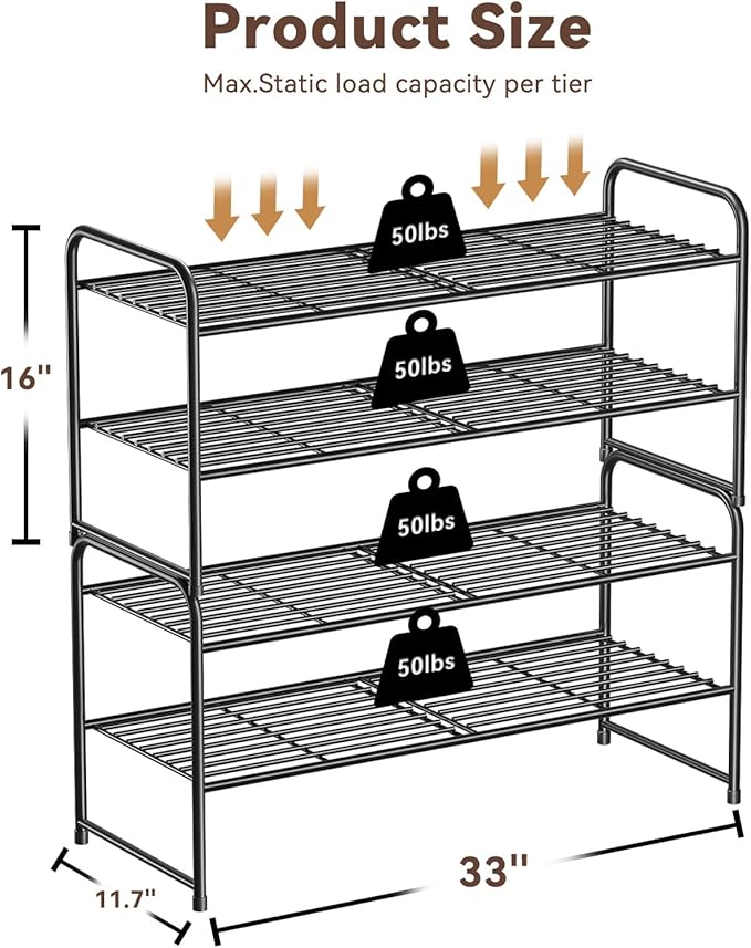 2 Tier Shoe Rack, Shoe Organizer Sturdy Metal for Entryway, Garage, Shoe Shelf Stand for Small Space, Stackable, Black