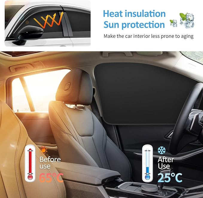 Window Sun Shade Car Curtains - Side Thiken Sun Shades Magnetic 100% Block Light Car Window Covers with Cooler Feeling (Black, T-4pcs)