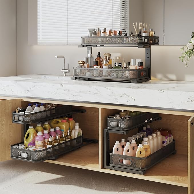 2 Pack 21.3IN-Depth Under Sink Organizer with Smooth Cylindrical Rail,2-Tier Pull Out Multi-Purpose Cabinet Storage for Bathr