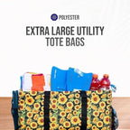 Extra Large Utility Tote Bag - Oversized Collapsible Reusable Wire Frame Rectangular Canvas Basket With Two Exterior Pockets For Beach, Pool, Laundry, Car Trunk, Storage - Sunflower