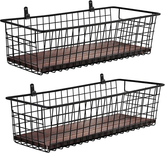 SheeChung 2 Set [Extra Large] Portable Metal Farmhouse Wall Decor Storage Organizer Basket Bin with Handles & Floating Shelve