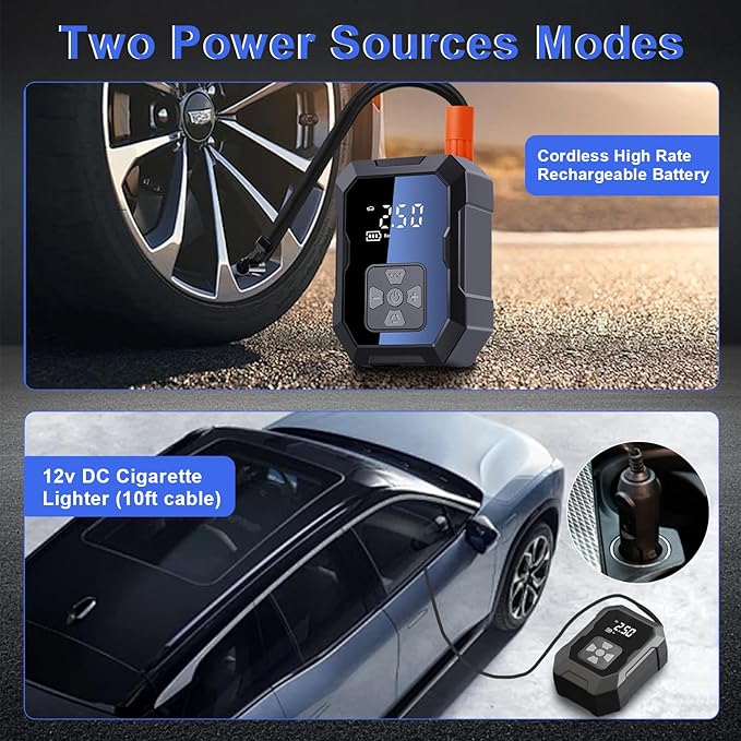 Tire Inflator, 2-in-1 power option Portable Air Compressor, Tire Air pump up to 150 Psi, Auto Shut-Off, Pressure Gauge, Emergency LED light for Car Bike SUV Tires