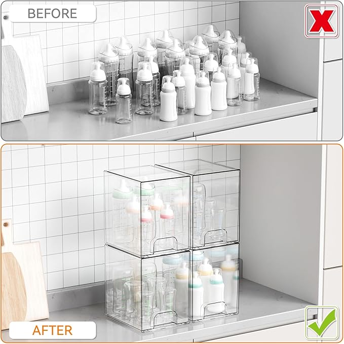 Yieach 7.6" H Baby Bottle Organizer for Cabinet,4 Pack BPA FREE Bottle Storage Organizer Baby,Clear Stackable Storage Drawers