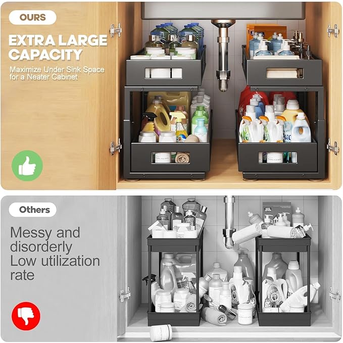 2 Packs 21IN Depth Under Sink Organizer, 2-Tier Pull Out Cabinet Organizer With Smooth Circular Rail, Large Capacity Metal Me