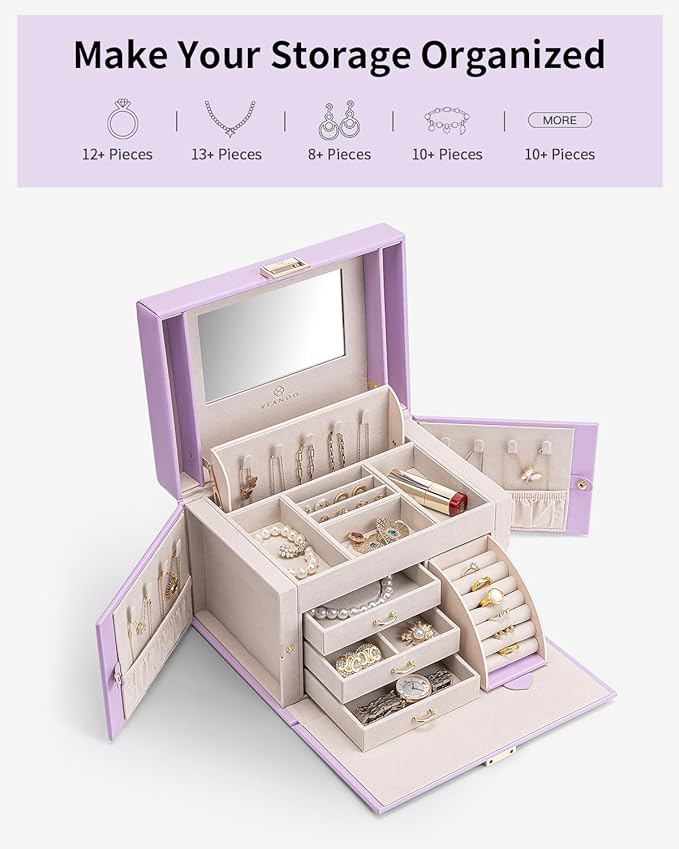 Vlando Jewelry Box Organizer for Girls Women, Large Baroque Jewelry Holder Organizer with Mirror, 3 Drawers for Bracelets, Ea