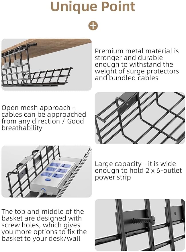 2 Pack DELAMU Under Desk Cable Management Tray, Large Metal Cord Organizer, Office & Home Cord Wire Management Under Desk She