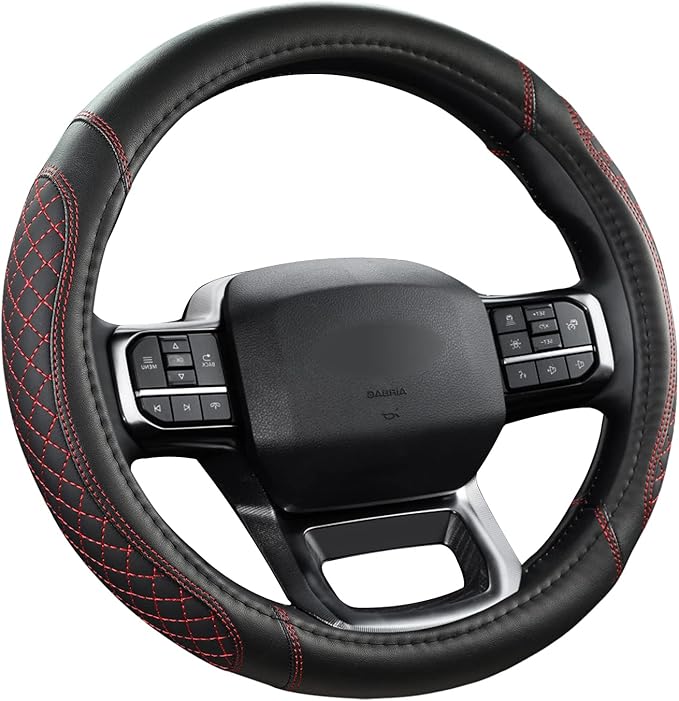 West Llama Customized Auto Car Steering Wheel Cover for Ford F-150, F-250, F-350, Expedition(Diamond Quilted - Black+Red)