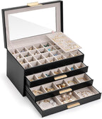 Lolalet Earring Storage Box Case with Glass Top, Large Earring Jewelry Holder Organizer Display with Drawer and Grid, Gifts f