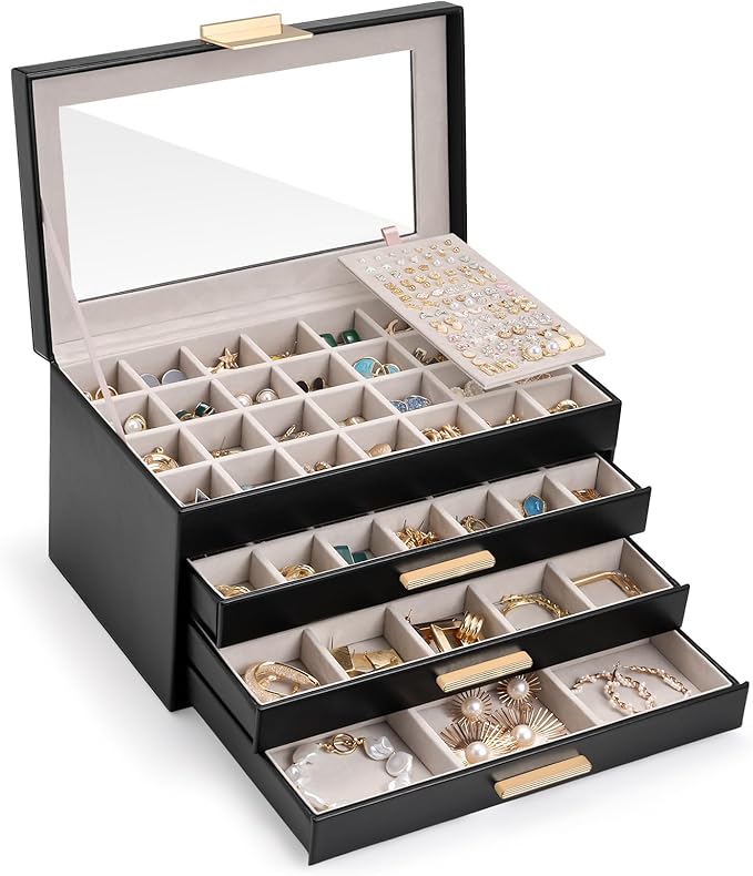 Lolalet Earring Storage Box Case with Glass Top, Large Earring Jewelry Holder Organizer Display with Drawer and Grid, Gifts f