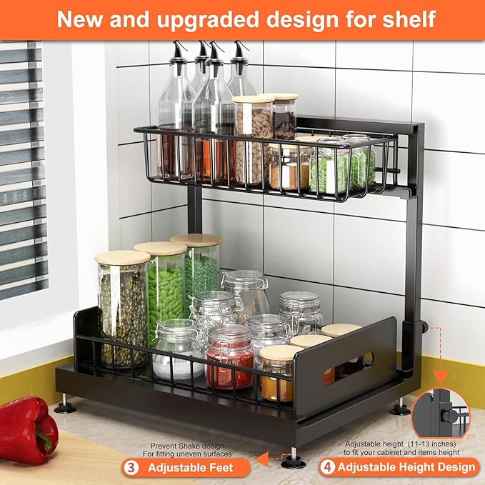 2 Pack Under Sink Organizers and Storage,Pull Out Cabinet Organizer,2-Tier Sliding Out Kitchen Basket Sink Shelf Cabinet Orga