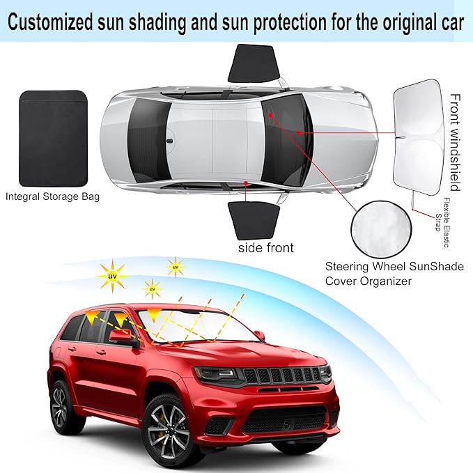 3PCS Car Window Shades Front Windshield Sun Shade Foldable Window Shade Custom Fit for 2011-2019 Jeep Grand Cherokee Accessories Car Shades for Front Windows Anti-UV Rays Block Heat
