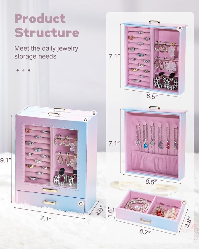 Homde Jewelry Organizer Girls Women Jewelry Box for Necklaces Rings Earrings Gift Bracelets Storage Case (Blue - Pink Gradien