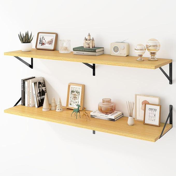 Deep Floating Shelves Wall Mounted, 48"x12" Oak Wall Shelves with Brackets Set of 2 for Bedroom, Living Room, Bathroom, Kitch
