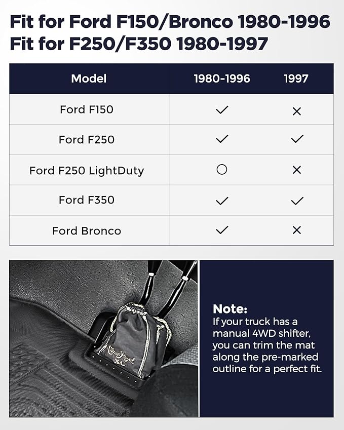 CreekT® for Ford F150 & Bronco Floor Mats 1980-1996, for F250/F350 1980-1997 All Weather Floor Mats, Custom Fit for Ford F-150 & Bronco, 2-Piece Front Set Rubber Heavy Duty Classic Truck Accessories