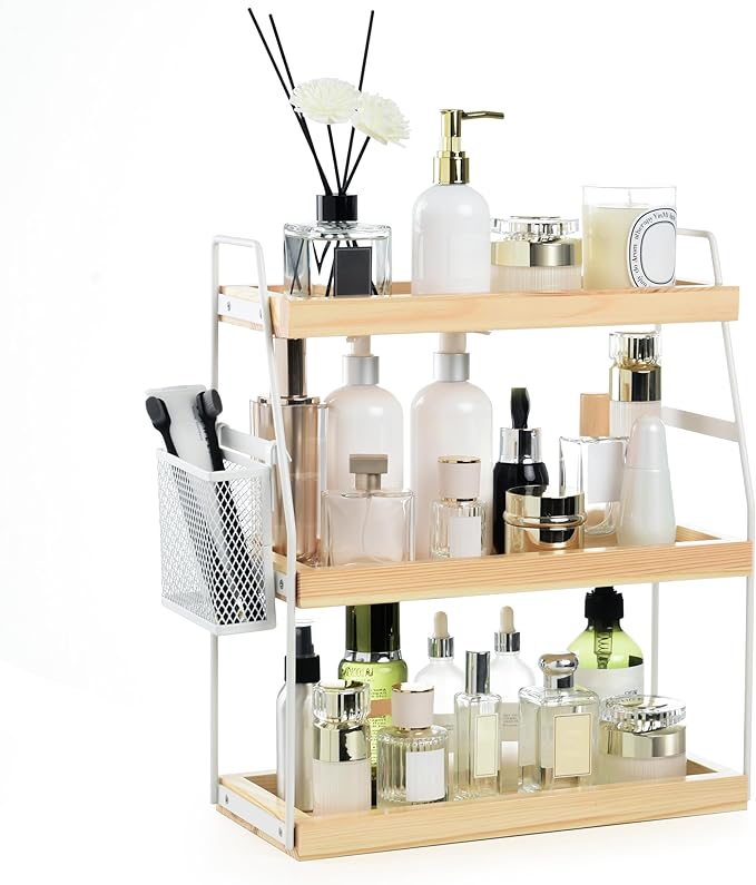 Uneviesyka Bathroom Counter Organizer, 3-Tier Standing Storage Shelf with Basket, Wood Tray for Skincare Vanity Organizer(Whi