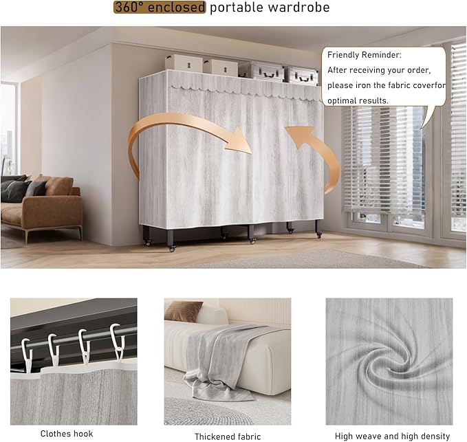 Heavy Duty Portable Wardrobe, Metal Foldable Covered Clothes Rack, 1500LBS, Freestanding Closet System Rolling Garment Rack, 