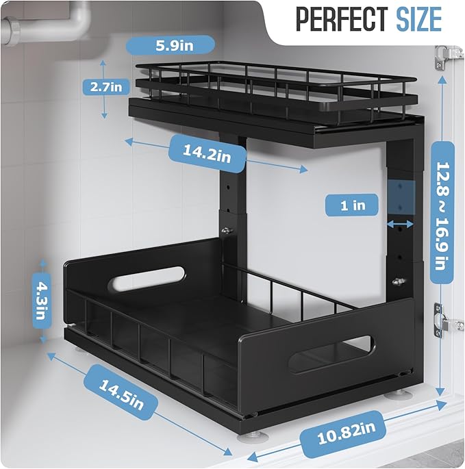 Under Sink Organizer Upgrade To Professional Rails,2-Tier Dual Pull Out Cabinet Storage,Height Adjustable Slide Out Drawers F