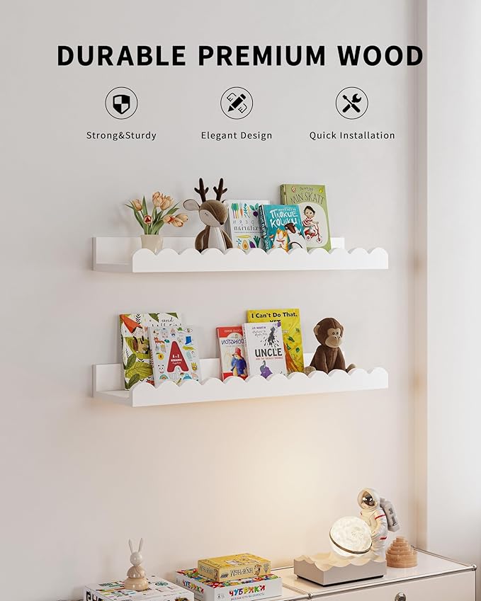 Shario Nursery Book Shelves, 4-Pack White Floating Shelves for Wall Kids, Scalloped Shelves, Wall Book Shelves for Bedroom Ki