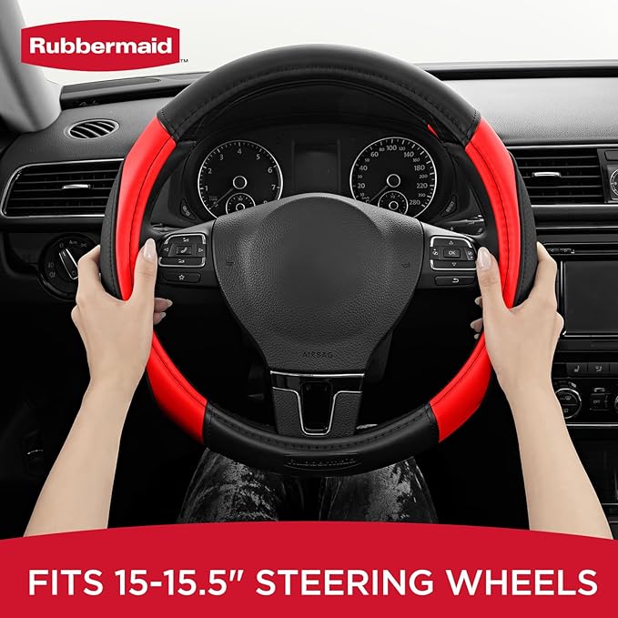 Rubbermaid Steering Wheel Cover – Universal Fit 14.5"–15" Steering Wheel Cover, Anti-Slip Grip, Breathable Leather, All-Seaso