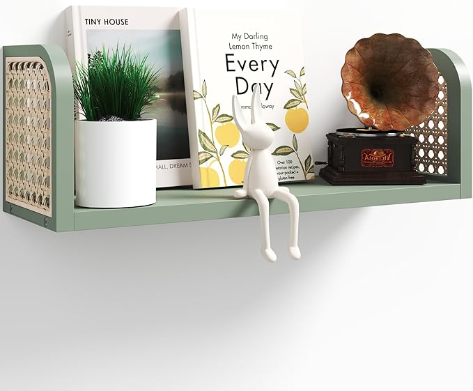 Green Rattan Wall Shelf, Wooden Hanging Bookshelf Storage, Cute Nursery Shelves Wall Mounted, Boho Decorative Floating Shelve