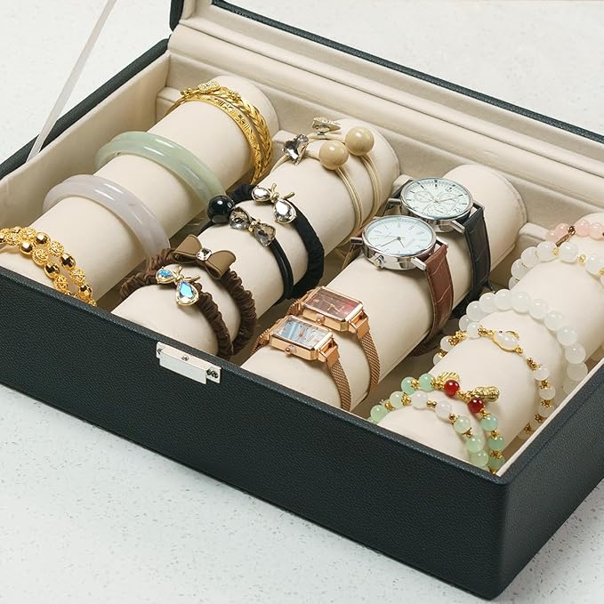 Bracelets Organizer Rods Bangles Display Holder, Clear See through Lid Leather Velvet Jewelry Storage Box Case for Women, 4 R