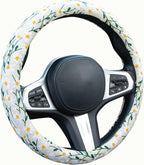 Embroidered Flowers White Cute Daisy Steering Wheel Cover Auto Anti-Slip Breathable Rubber Steering Wheel Protector,Floral Car Accessories for Women,Universal Size Fit Most Cars -15 inch