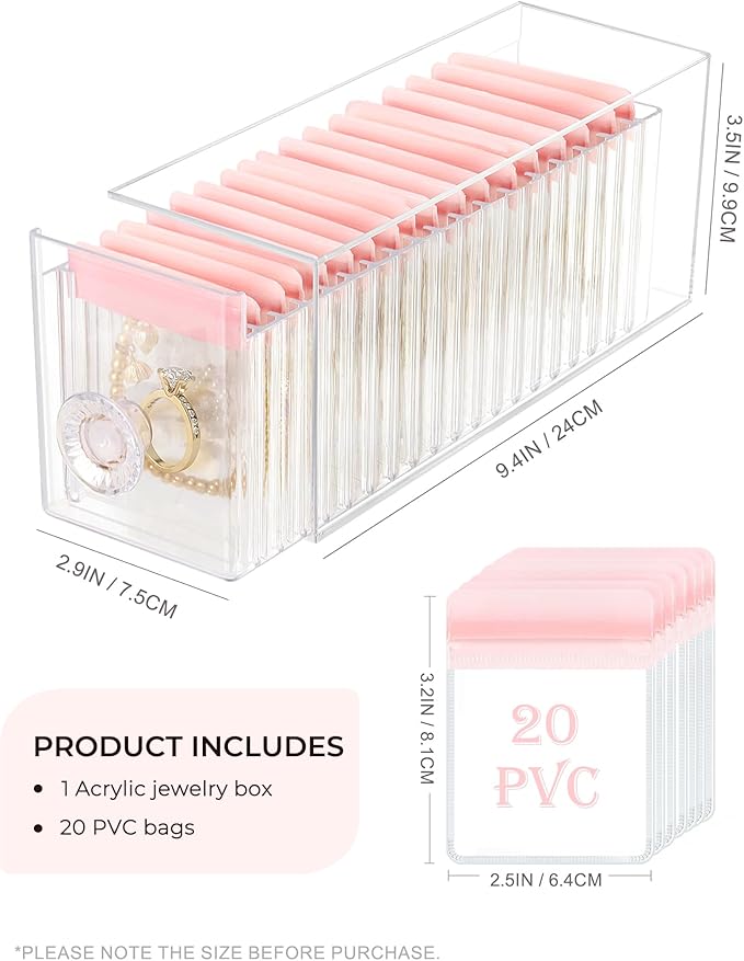HOMEHIVE Clear Acrylic Jewelry Organizer Box with 20 Portable Pouches, Jewelry Storage Case for Women Girls, Tangle-Free, Ant