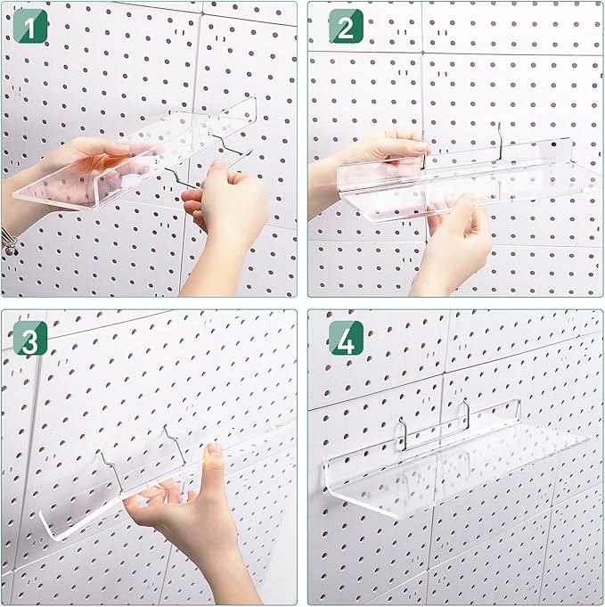 Lounsweer 4 Set Pegboard Shelf Clear Acrylic with Metal Hooks Organizer Accessories Storage for Pegboard Display Wall Craft R